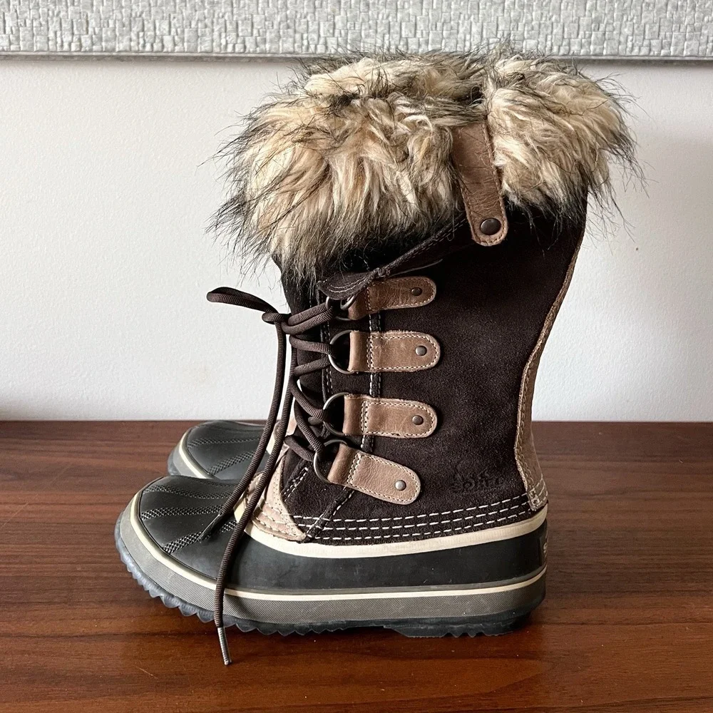 Sorel Joan Of Arctic Boots Womens Size 7 38 Brown Suede Faux Fur Snow Waterproof